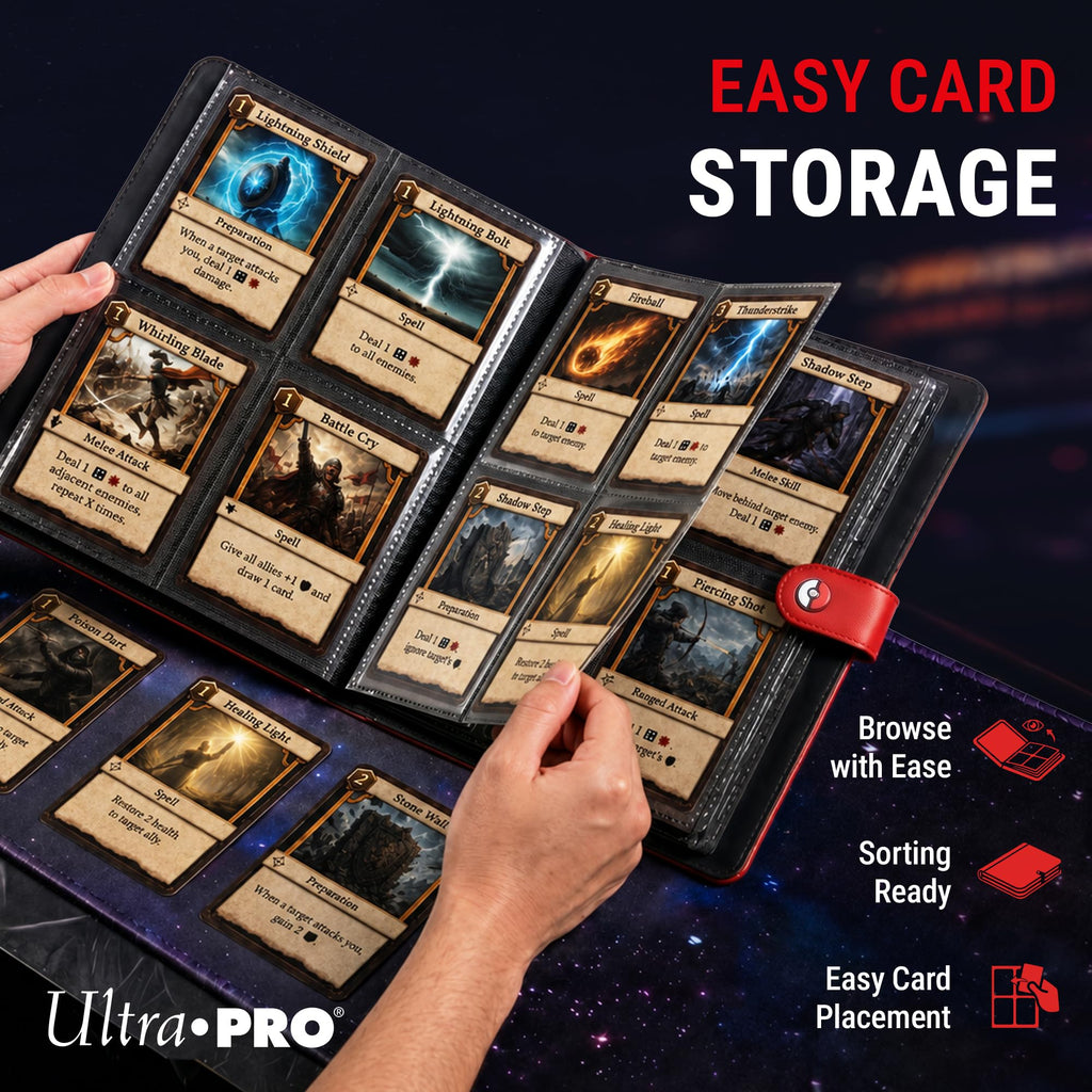 Ultra Pro Premium 4 Pocket Pokemon Binder – Pokemon Card Binder with 20 Side-Loading Pages & Holds up to 160 Cards – Acid-Free & Non-PVC – Snap Closure, Black Backing & Red Padded Leatherette Cover