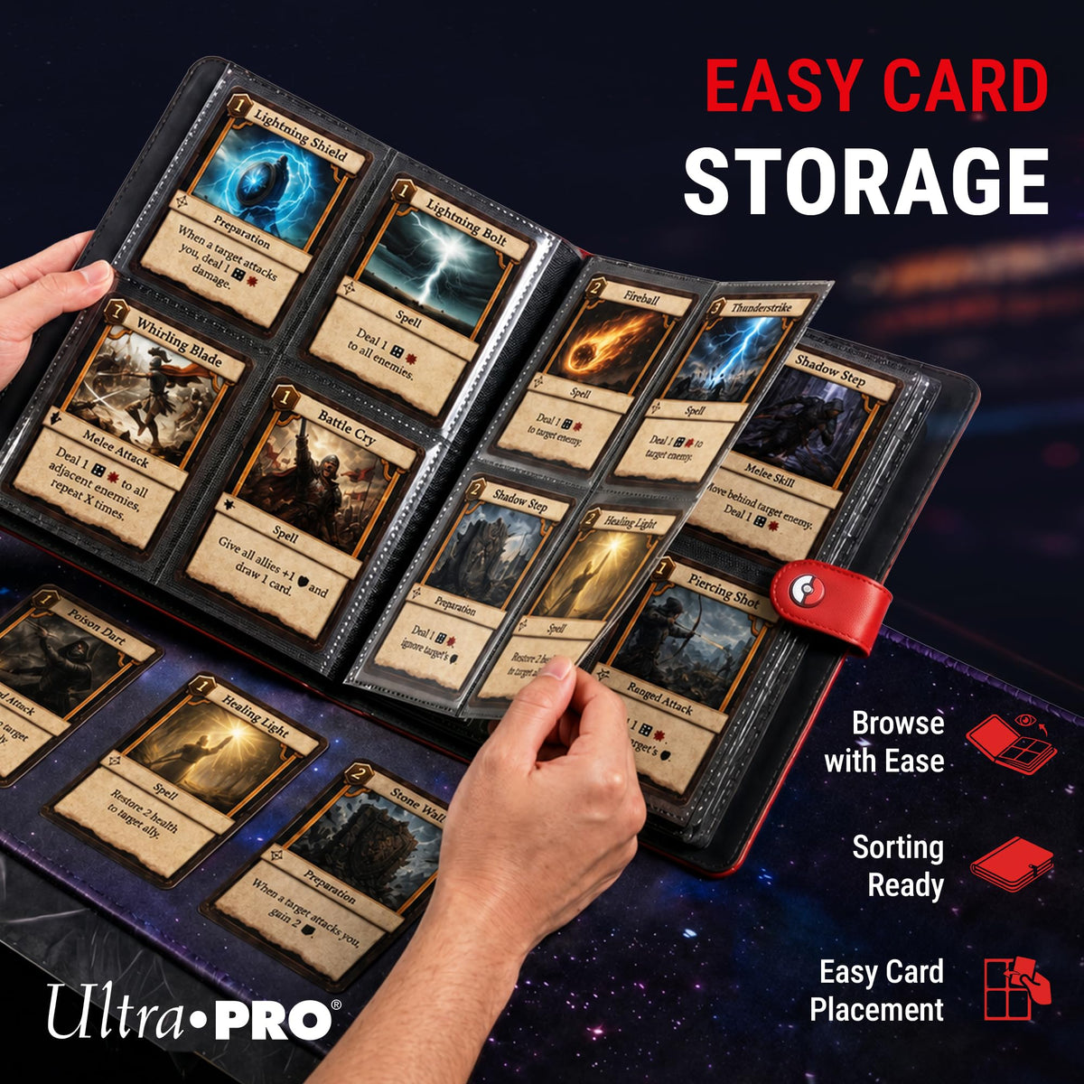 Ultra Pro Premium 4 Pocket Pokemon Binder – Pokemon Card Binder with 20 Side-Loading Pages & Holds up to 160 Cards – Acid-Free & Non-PVC – Snap Closure, Black Backing & Red Padded Leatherette Cover