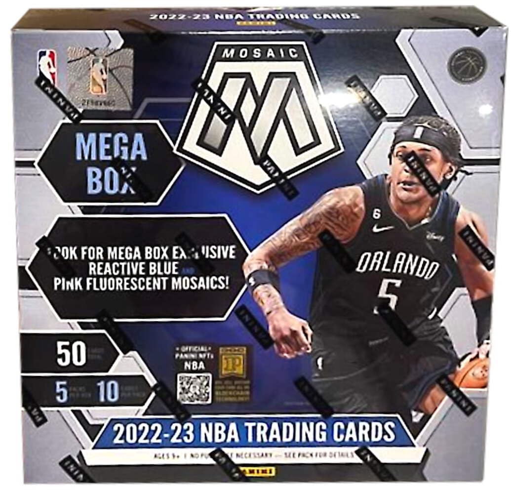 Panini presents the 2022-23 NBA Mosaic Basketball Trading Card Mega Box! Each box contains 5 packs with 10 cards per pack. Look for the Mega Box Exclusive Reactive Blue and Pink Fluorescent Mosaic Parallels!