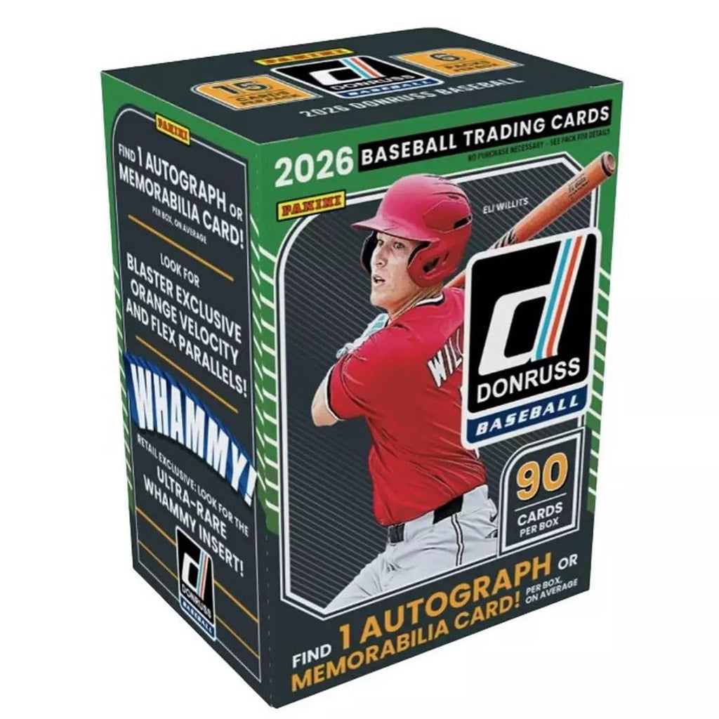 2026 Panini Donruss Baseball Retail Blaster Box | 6 Packs Per Box | 90 Trading Cards | 1 Autograph or Memorabilia Card Per Box on Average | Exclusive Red & Blue Laser Parallels | Factory Sealed