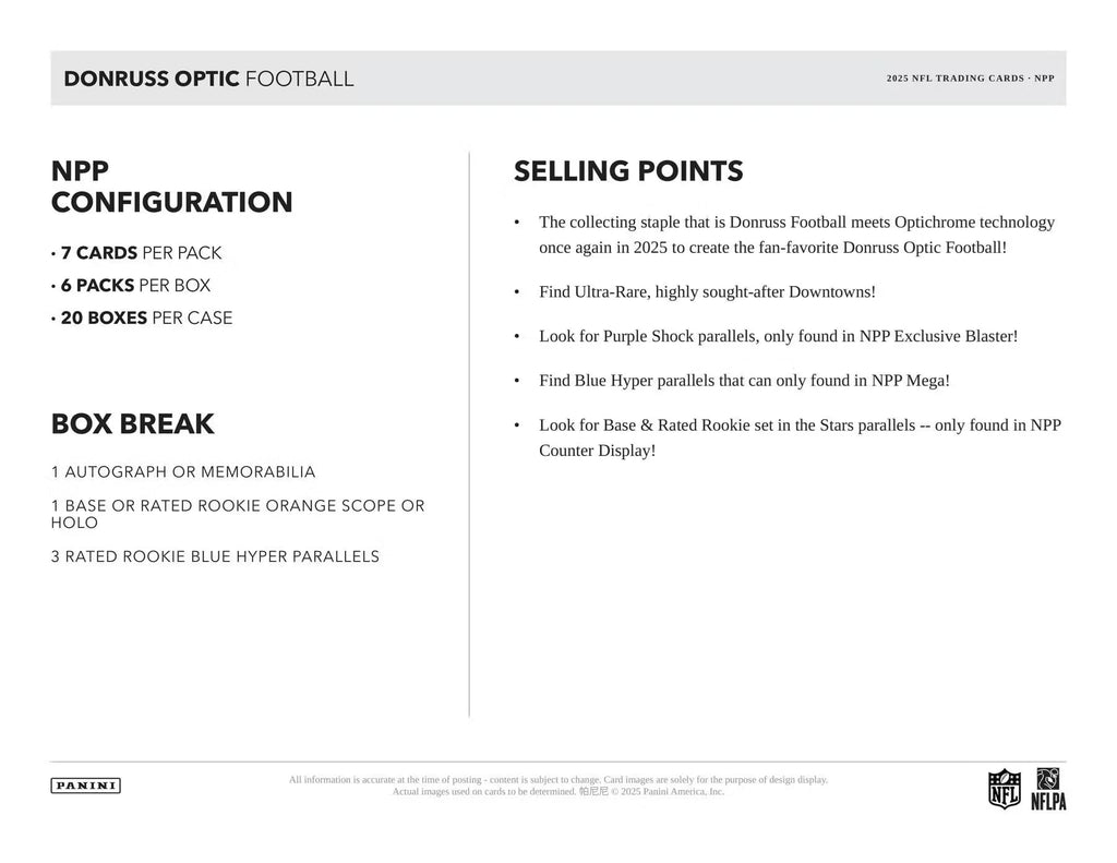 2025 Panini Donruss Optic Football Mega Trading Card Box (1 Autograph or Memorabilia Card Per Box)