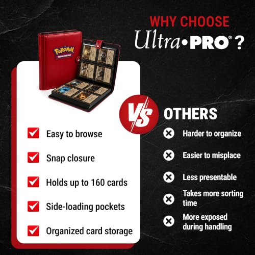 Ultra Pro Premium 4 Pocket Pokemon Binder – Pokemon Card Binder with 20 Side-Loading Pages & Holds up to 160 Cards – Acid-Free & Non-PVC – Snap Closure, Black Backing & Red Padded Leatherette Cover