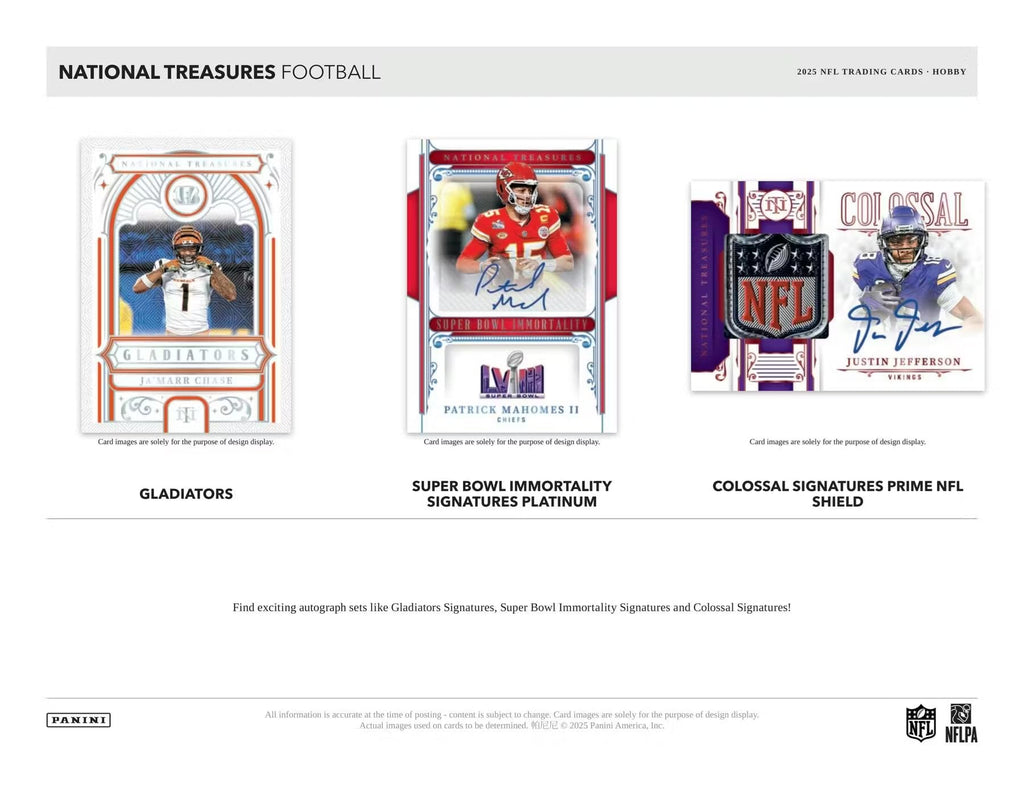 2025 Panini National Treasures Football Hobby Trading Card Box (8 Autographs or Memorabilia Cards Per Box)
