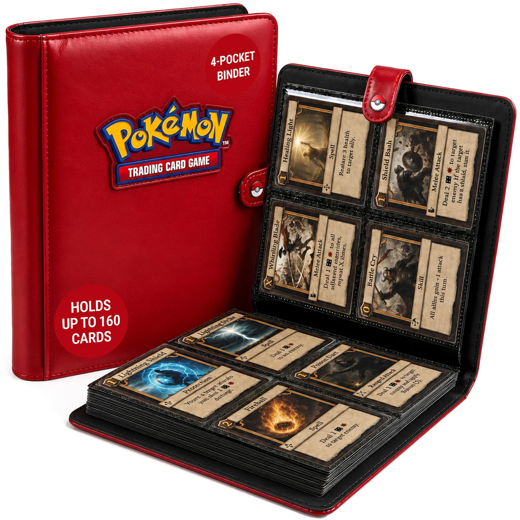 Ultra Pro Premium 4 Pocket Pokemon Binder – Pokemon Card Binder with 20 Side-Loading Pages & Holds up to 160 Cards – Acid-Free & Non-PVC – Snap Closure, Black Backing & Red Padded Leatherette Cover