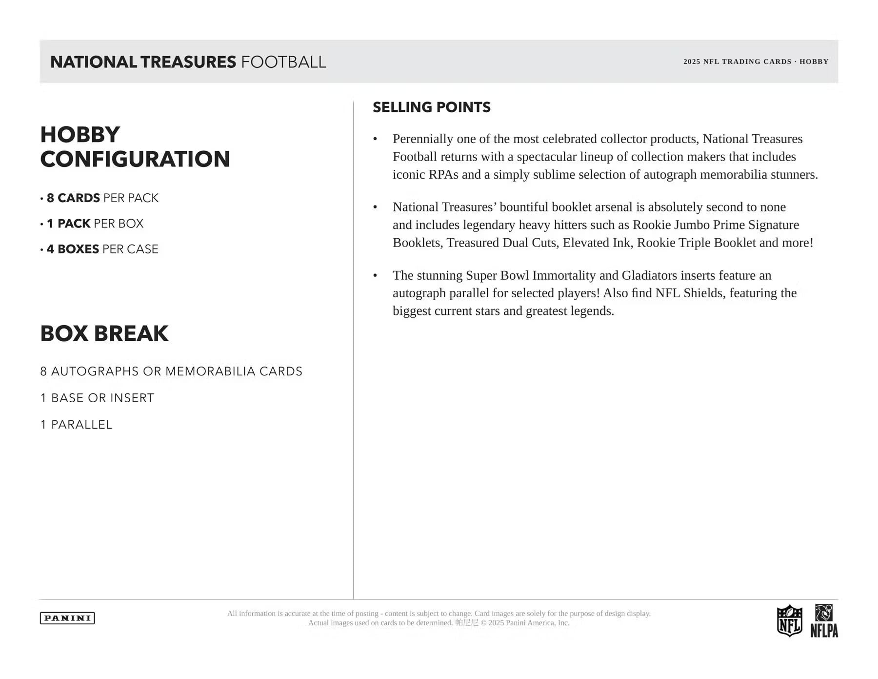 2025 Panini National Treasures Football Hobby Trading Card Box (8 Autographs or Memorabilia Cards Per Box)