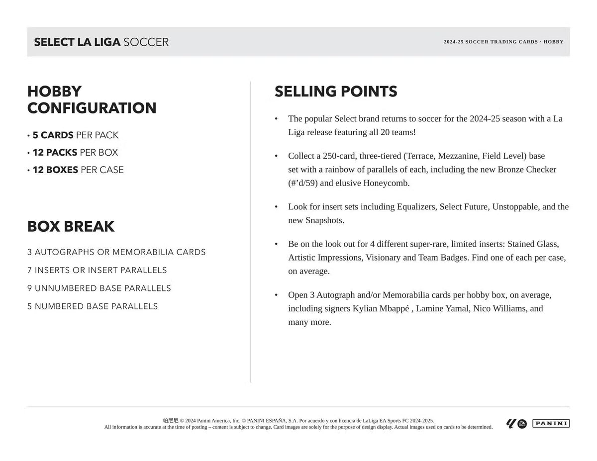 2024/25 Panini Select La Liga Soccer Hobby Trading Card Box (Three Autographs or Memorabilia Cards Per Box)