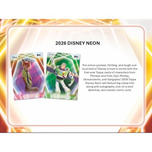 Topps 2026 Disney Neon Hobby Box, Factory Sealed, 20 Packs, 5 Cards per Pack, 2 Numbered Parallels