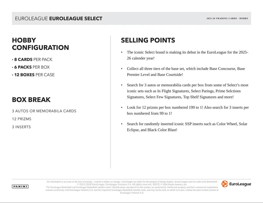 GTS Distribution Panini America Inc EuroLeague Basketball Select Hobby 25-26 Trading Cards