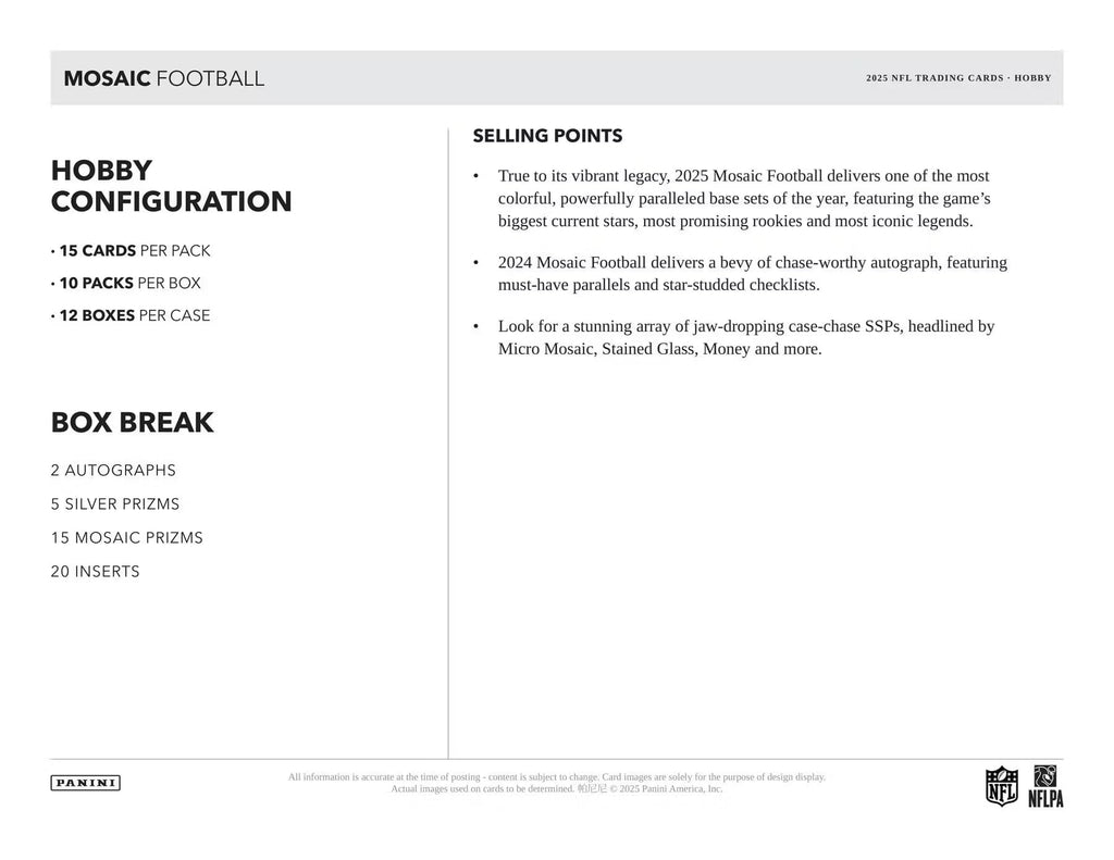 2025 Panini Mosaic Football Hobby Trading Card Box (2 Autographs Per Box)