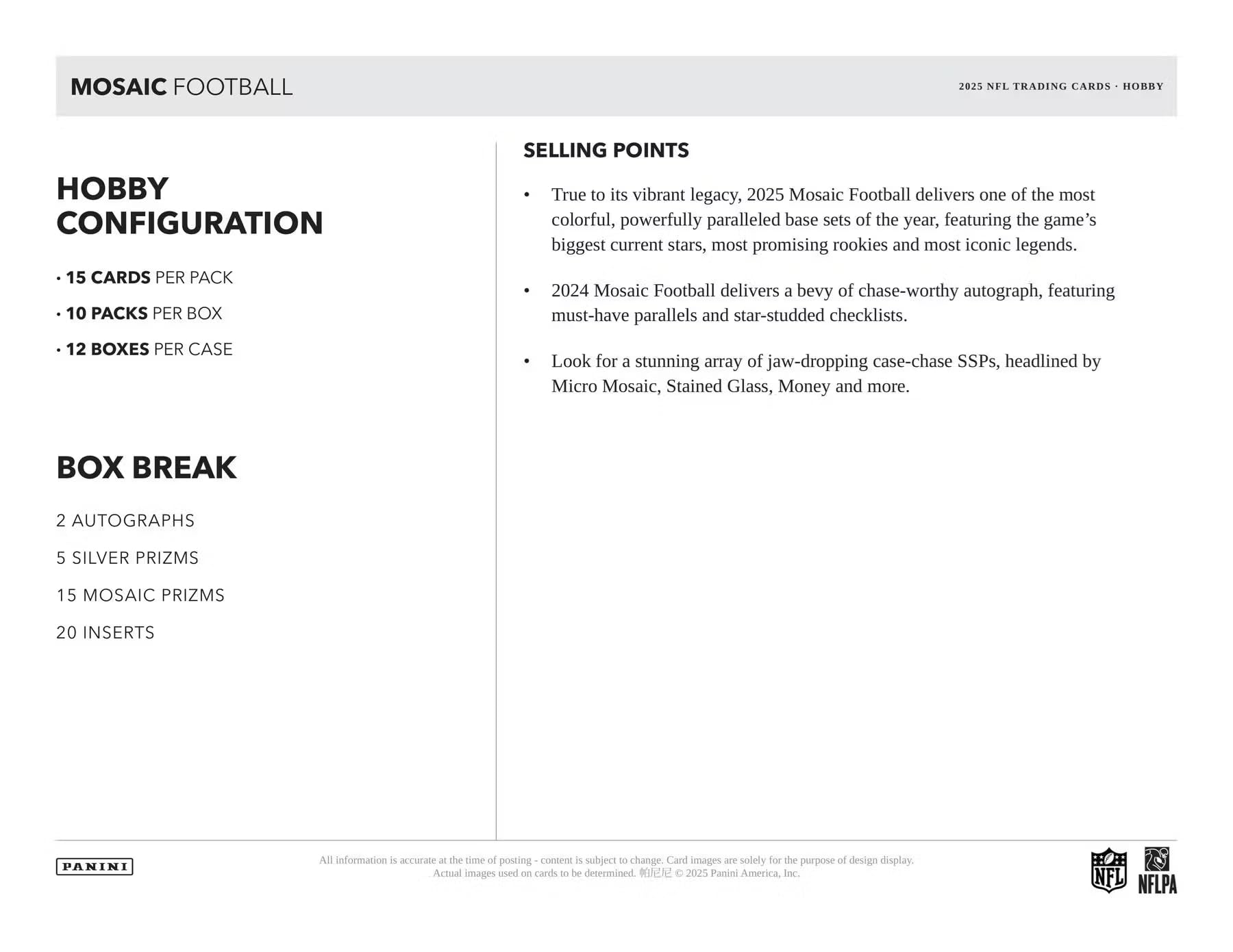 2025 Panini Mosaic Football Hobby Trading Card Box (2 Autographs Per Box)