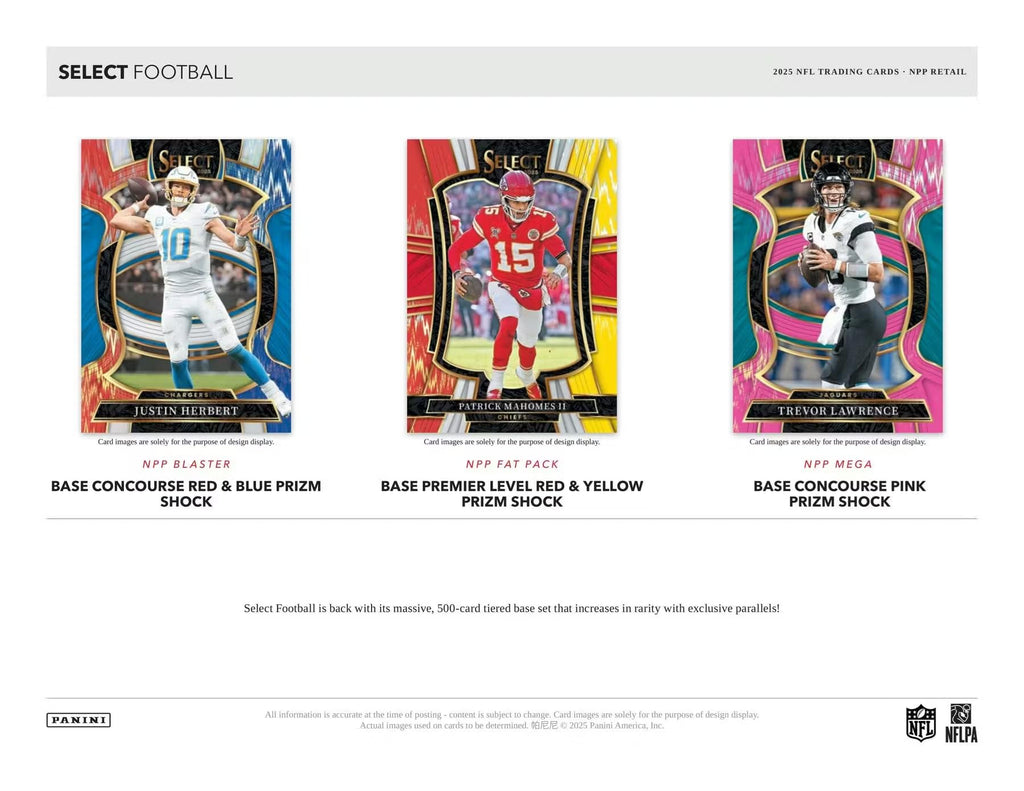 2025 Panini Select Football Blaster Box Trading Card Box (1 Silver Shock Parallel Per Box)(3 Red & Blue Prizm Shock Parallels Per Box)