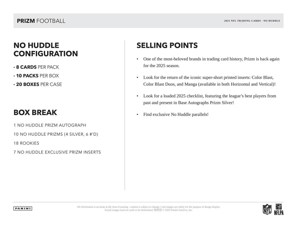 2025 Panini Prizm Football No Huddle Trading Card Box (2 No Huddle Prizm Autographs Per Box)