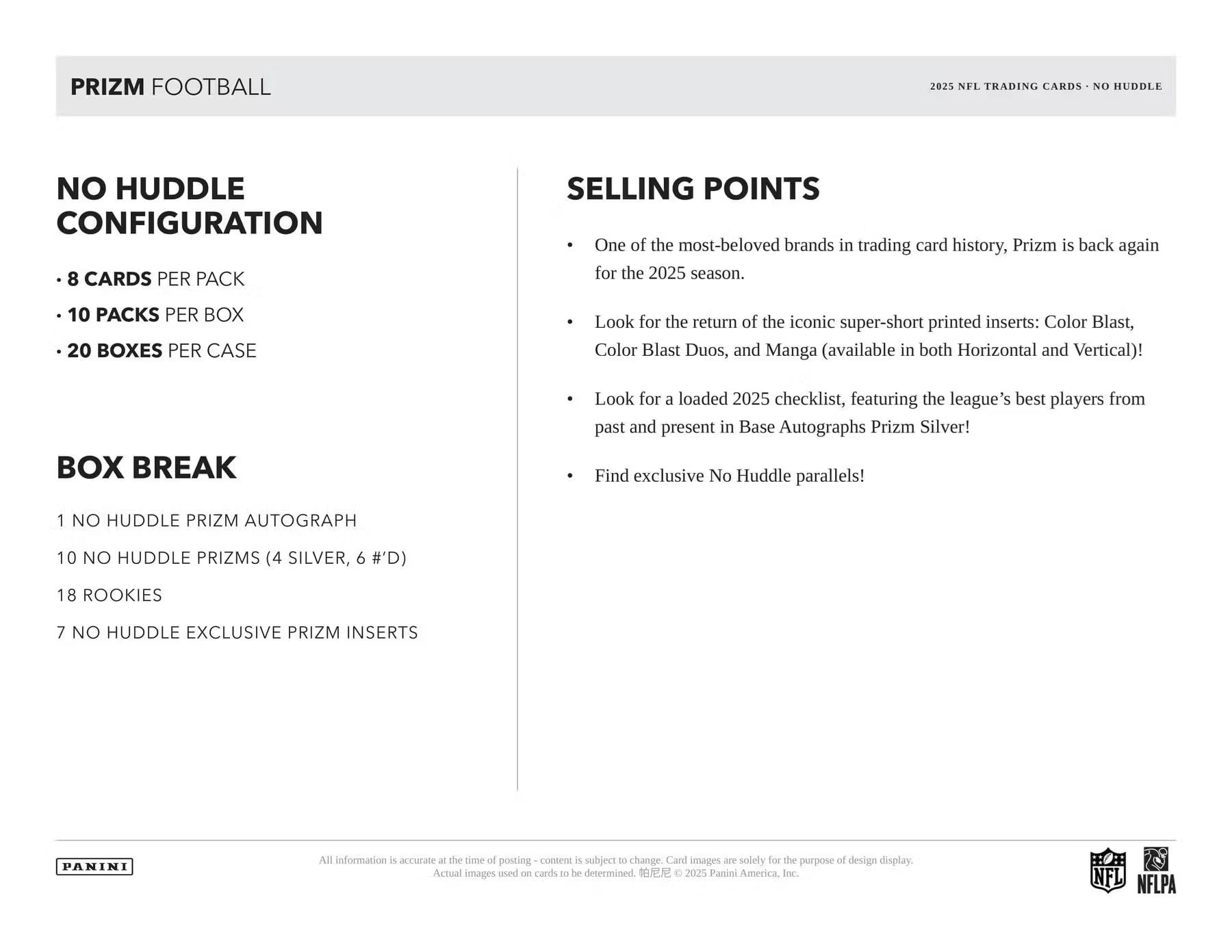 2025 Panini Prizm Football No Huddle Trading Card Box (2 No Huddle Prizm Autographs Per Box)