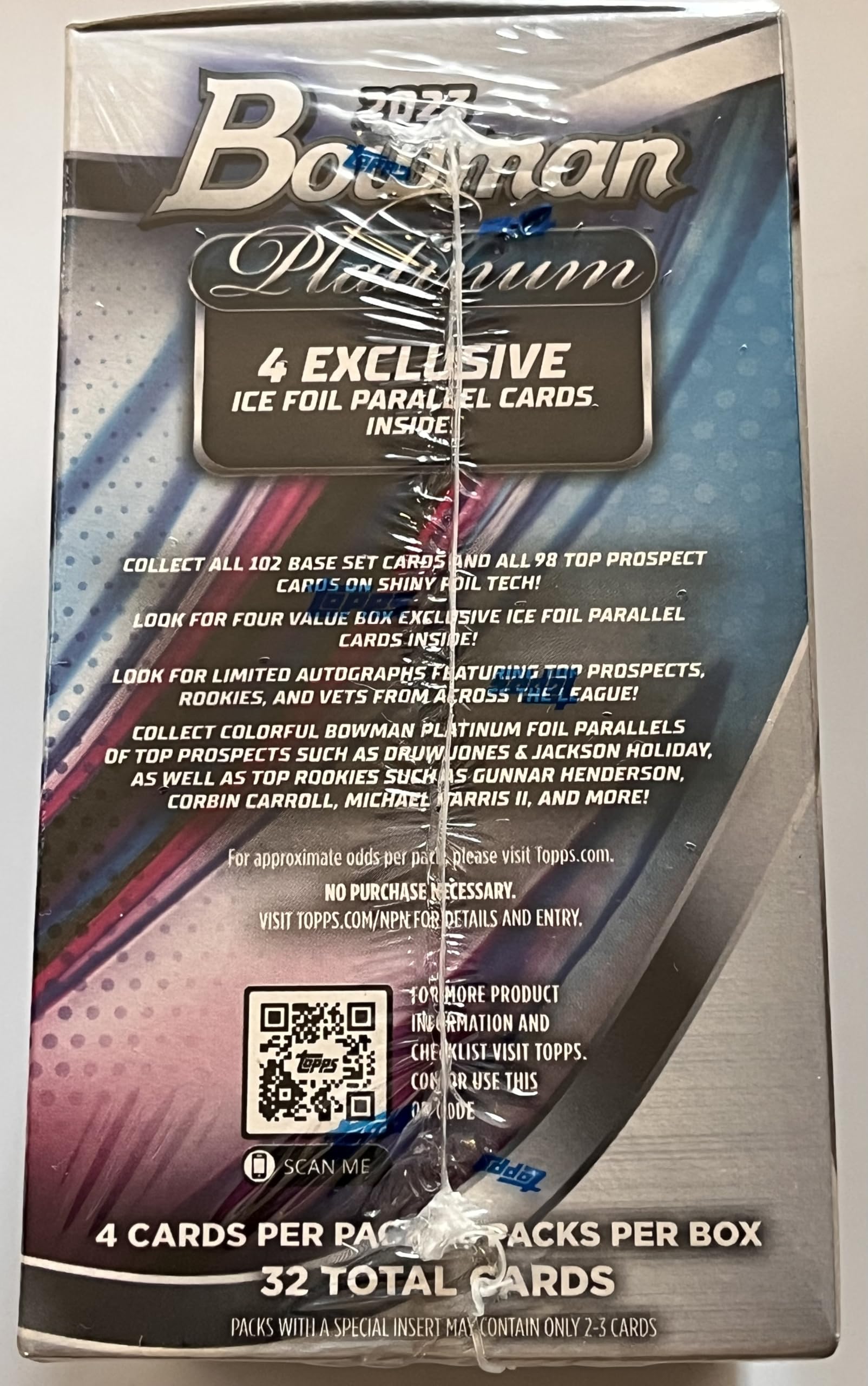 2023 Bowman Platinum Major League Baseball 4 exclusive Ice Foil Parallel Cards inside, 32 cards total Blaster box.