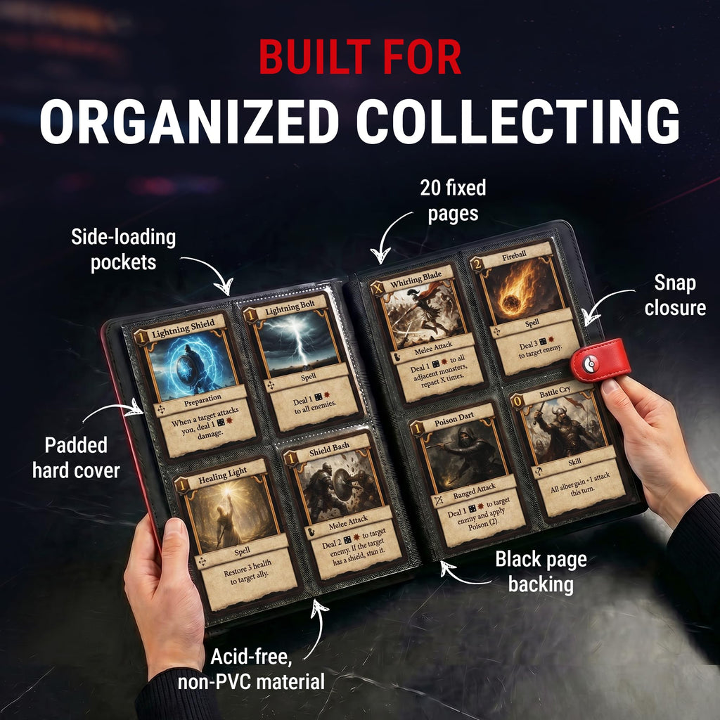 Ultra Pro Premium 4 Pocket Pokemon Binder – Pokemon Card Binder with 20 Side-Loading Pages & Holds up to 160 Cards – Acid-Free & Non-PVC – Snap Closure, Black Backing & Red Padded Leatherette Cover