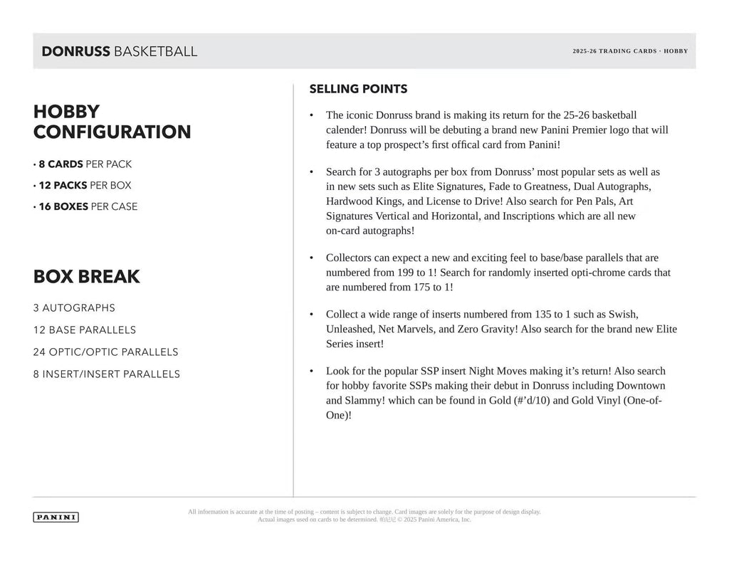 2025/26 Panini Donruss Basketball Hobby Trading Card Box (3 Autographs Cards Per Box)