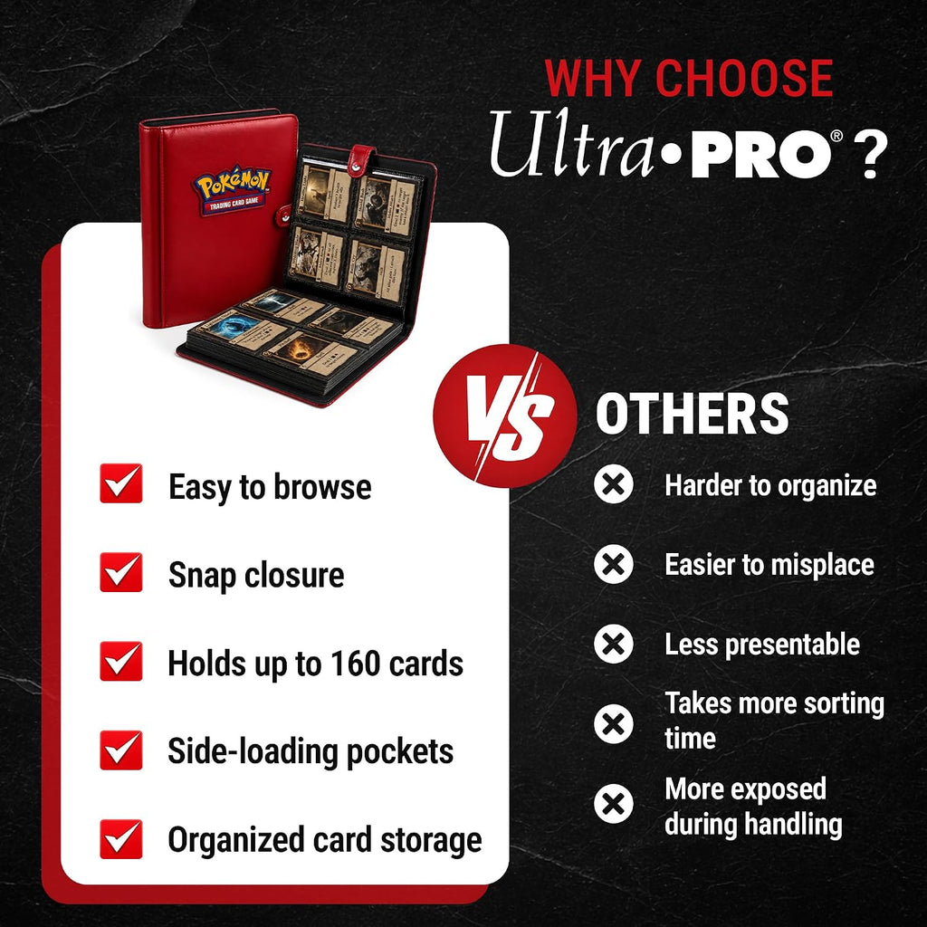 Ultra Pro Premium 4 Pocket Pokemon Binder – Pokemon Card Binder with 20 Side-Loading Pages & Holds up to 160 Cards – Acid-Free & Non-PVC – Snap Closure, Black Backing & Red Padded Leatherette Cover