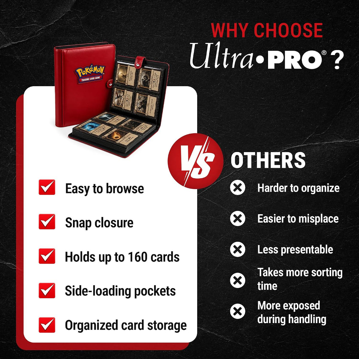 Ultra Pro Premium 4 Pocket Pokemon Binder – Pokemon Card Binder with 20 Side-Loading Pages & Holds up to 160 Cards – Acid-Free & Non-PVC – Snap Closure, Black Backing & Red Padded Leatherette Cover