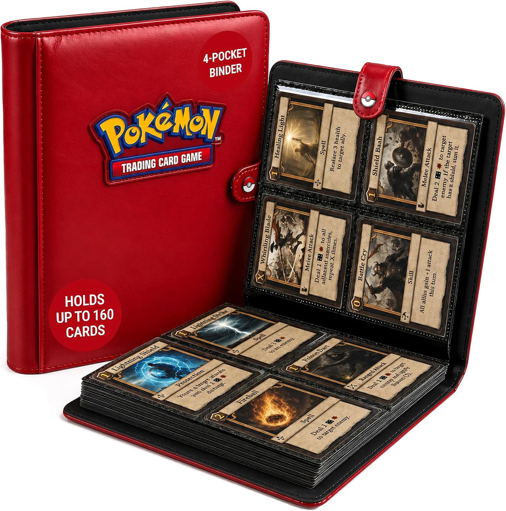 Ultra Pro Premium 4 Pocket Pokemon Binder – Pokemon Card Binder with 20 Side-Loading Pages & Holds up to 160 Cards – Acid-Free & Non-PVC – Snap Closure, Black Backing & Red Padded Leatherette Cover