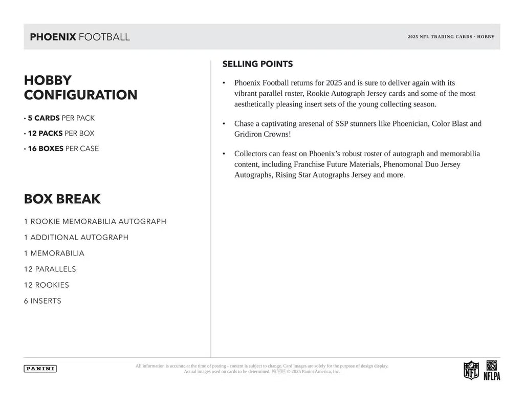 2025 Panini Phoenix Football Hobby Trading Card Box (2 Autographs Per Box Including 1 Rookie Patch Autograph)