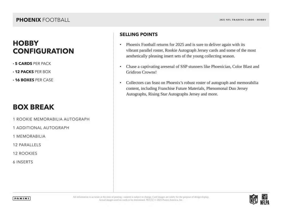 2025 Panini Phoenix Football Hobby Trading Card Box (2 Autographs Per Box Including 1 Rookie Patch Autograph)