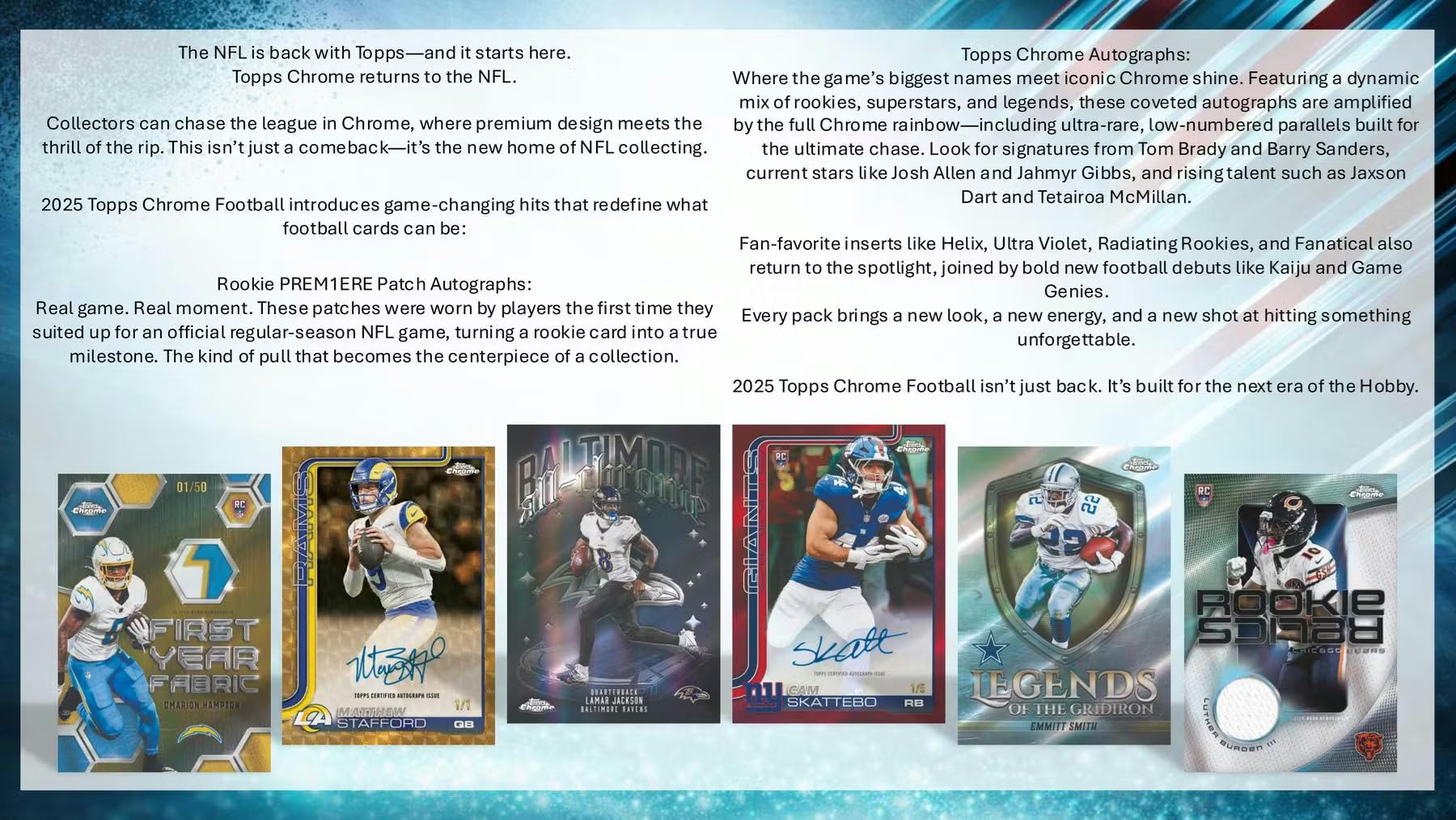 2025 Topps Chrome Football Hobby Trading Card Box (1 Autograph or Autograph Relic Per Box)