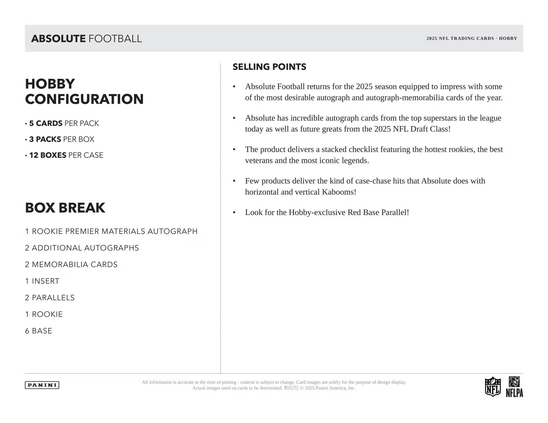 2025 Panini Absolute Football Hobby Trading Card Box (1 Rookie Premier Materials Autograph Per Box!)