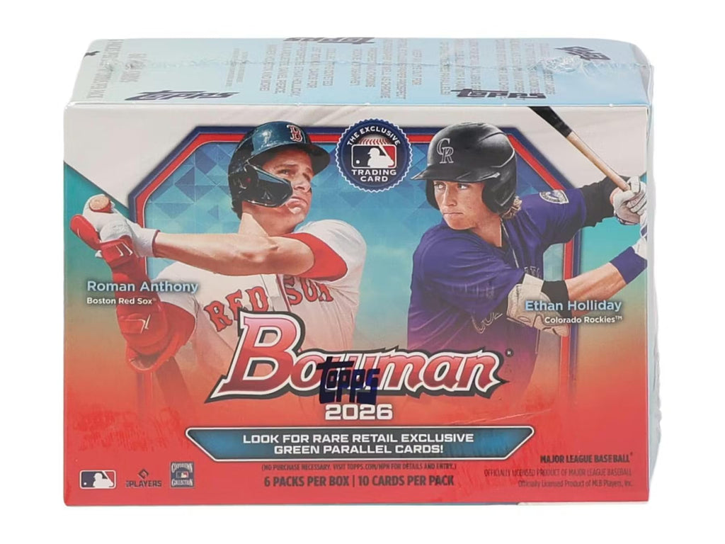 2026 Bowman Baseball Blaster Trading Card Box (Look for Retail Exclusive Green Parallels)