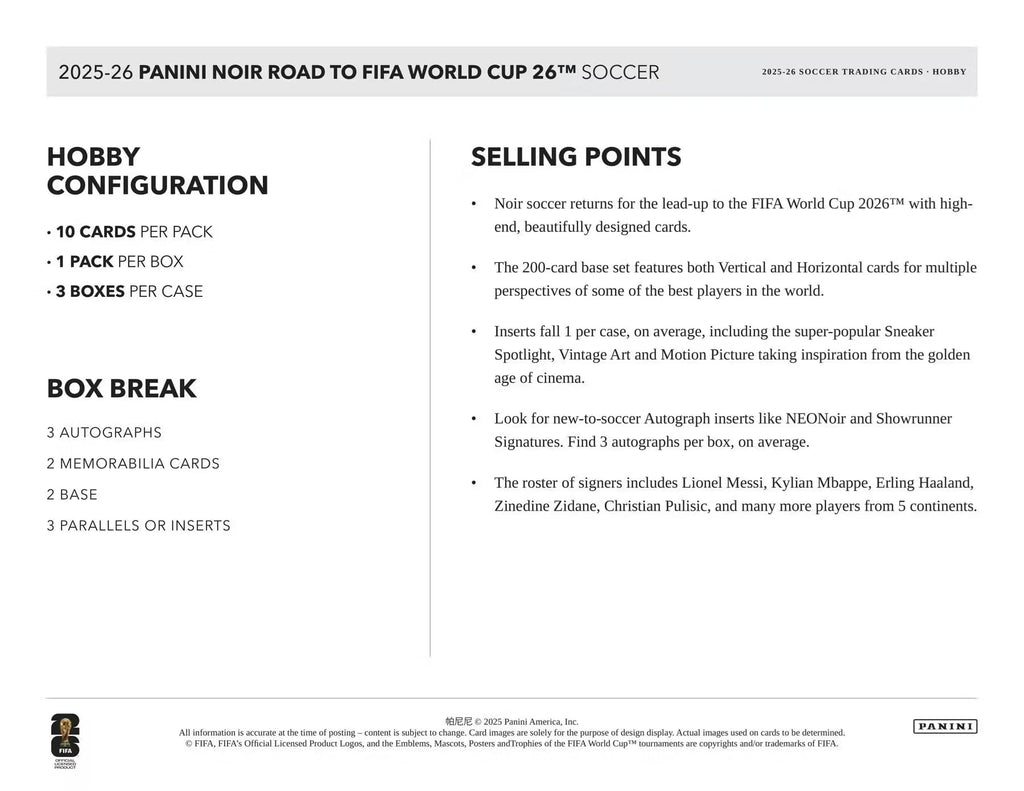 2025/26 Panini Noir Road to FIFA World Cup Soccer Hobby Trading Card Box (3 Autograph Cards Per Box)