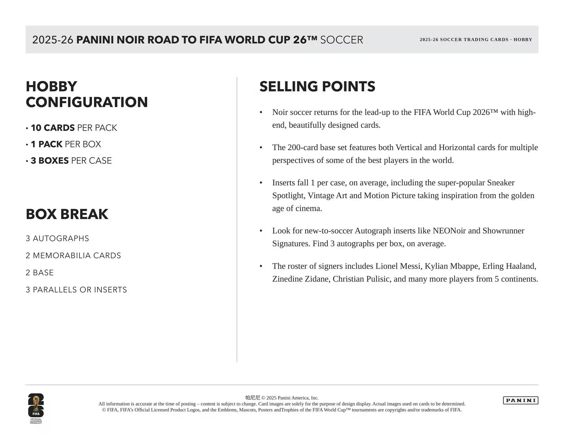 2025/26 Panini Noir Road to FIFA World Cup Soccer Hobby Trading Card Box (3 Autograph Cards Per Box)