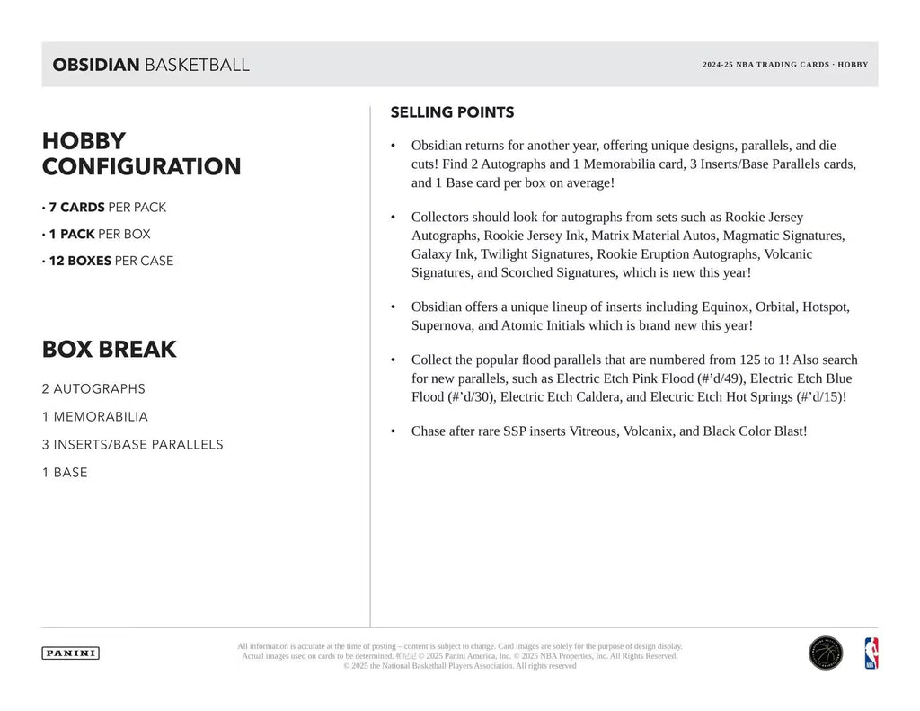 2024/25 Panini Obsidian Basketball Hobby Trading Card Box (2 Autograph Cards Per Box)