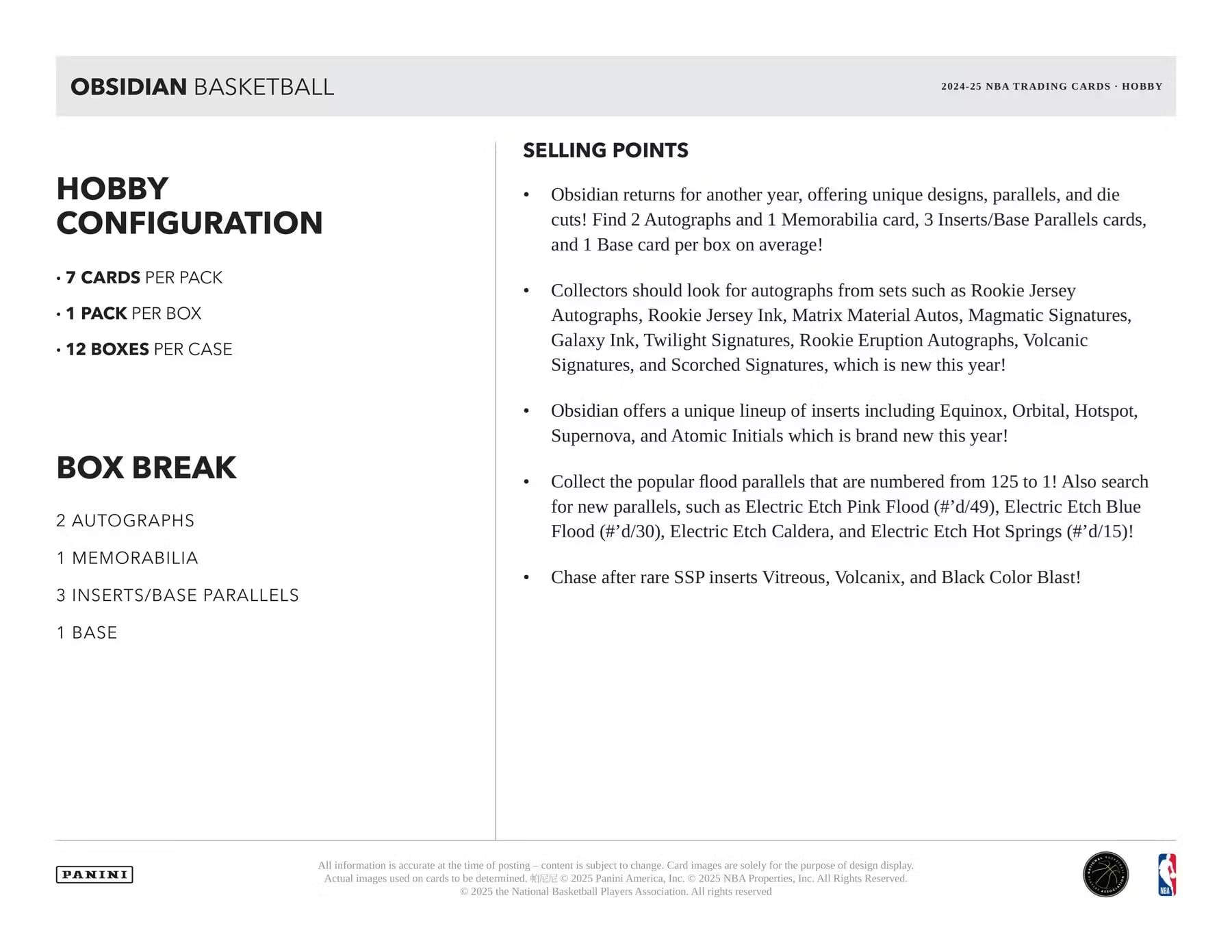 2024/25 Panini Obsidian Basketball Hobby Trading Card Box (2 Autograph Cards Per Box)