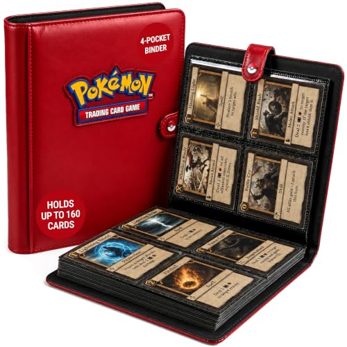 Ultra Pro Premium 4 Pocket Pokemon Binder – Pokemon Card Binder with 20 Side-Loading Pages & Holds up to 160 Cards – Acid-Free & Non-PVC – Snap Closure, Black Backing & Red Padded Leatherette Cover