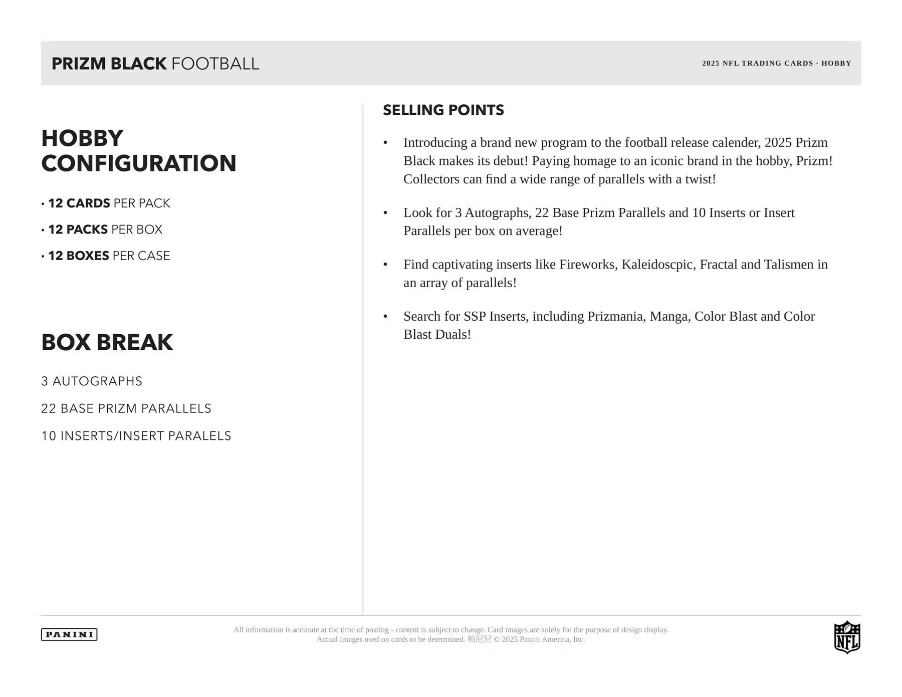 2025 Panini Prizm Black Football Hobby Trading Card Box (3 Autographs Per Box)