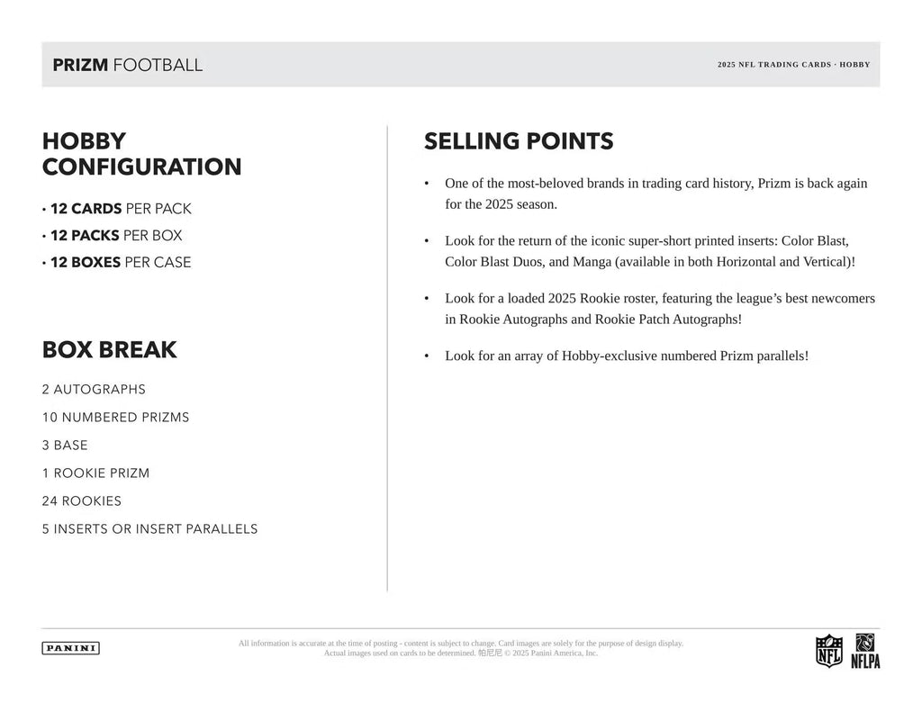 2025 Panini Prizm Football Hobby Trading Card Box (2 Autographs Per Box)