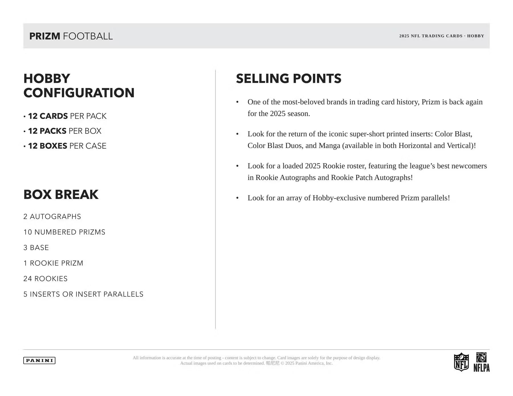2025 Panini Prizm Football Hobby Trading Card Box (2 Autographs Per Box)