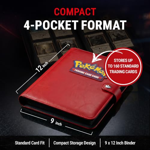 Ultra Pro Premium 4 Pocket Pokemon Binder – Pokemon Card Binder with 20 Side-Loading Pages & Holds up to 160 Cards – Acid-Free & Non-PVC – Snap Closure, Black Backing & Red Padded Leatherette Cover