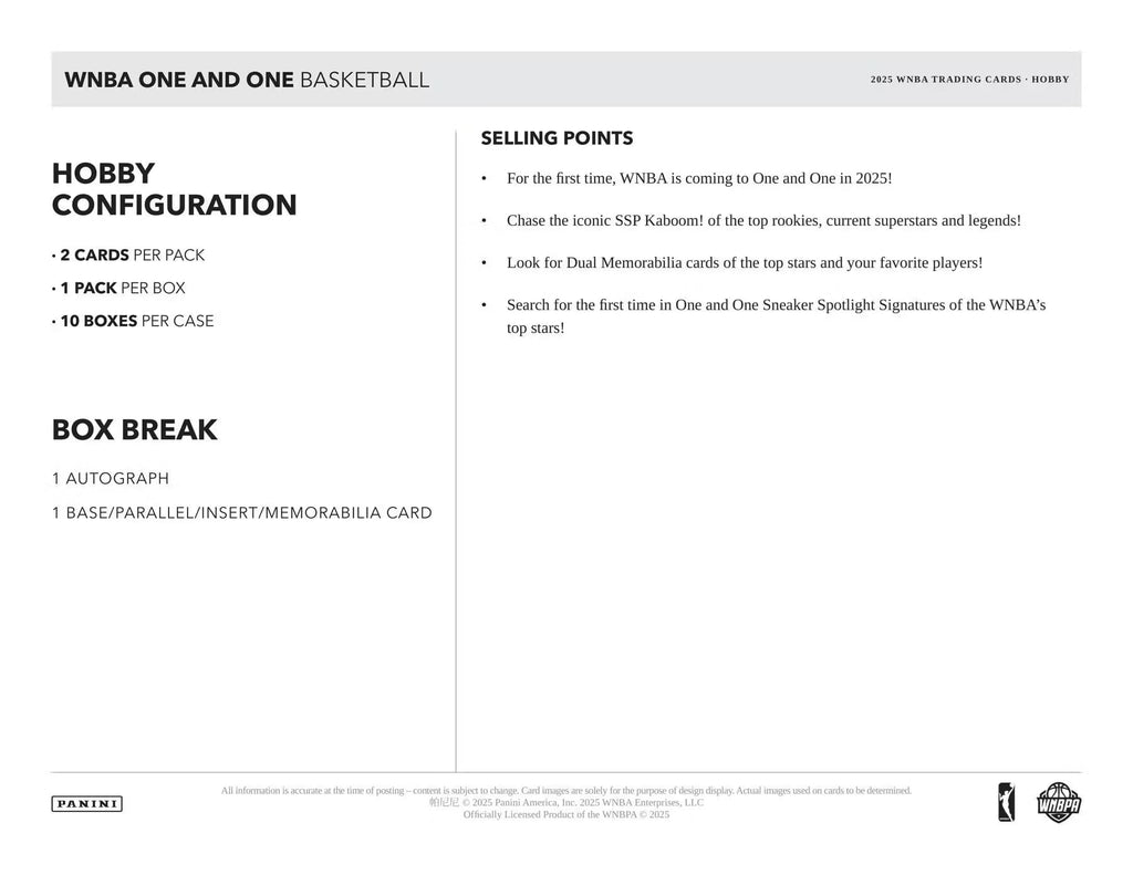 2025 Panini One and One WNBA Basketball Hobby Trading Card Box (1 Autograph Card Per Box)