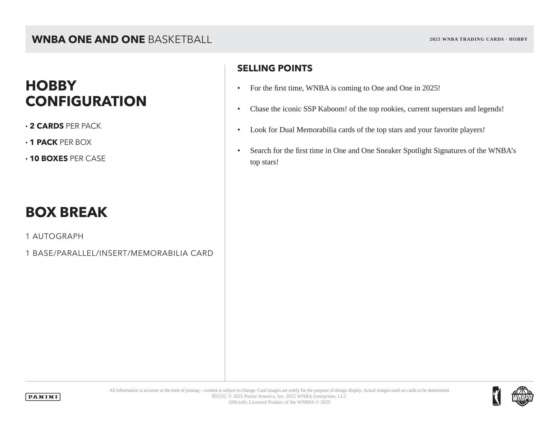 2025 Panini One and One WNBA Basketball Hobby Trading Card Box (1 Autograph Card Per Box)