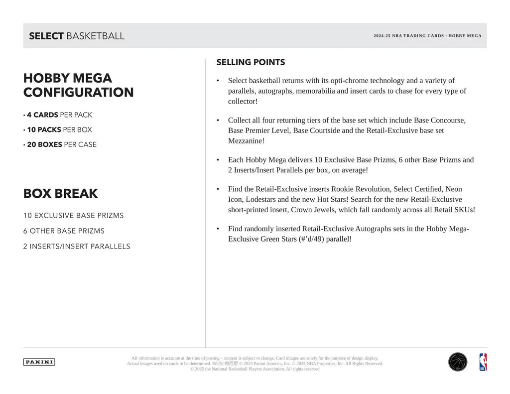 Panini 2024-25 Select Basketball Hobby Mega Trading Card Box (Green & Blue Stars Prizm)