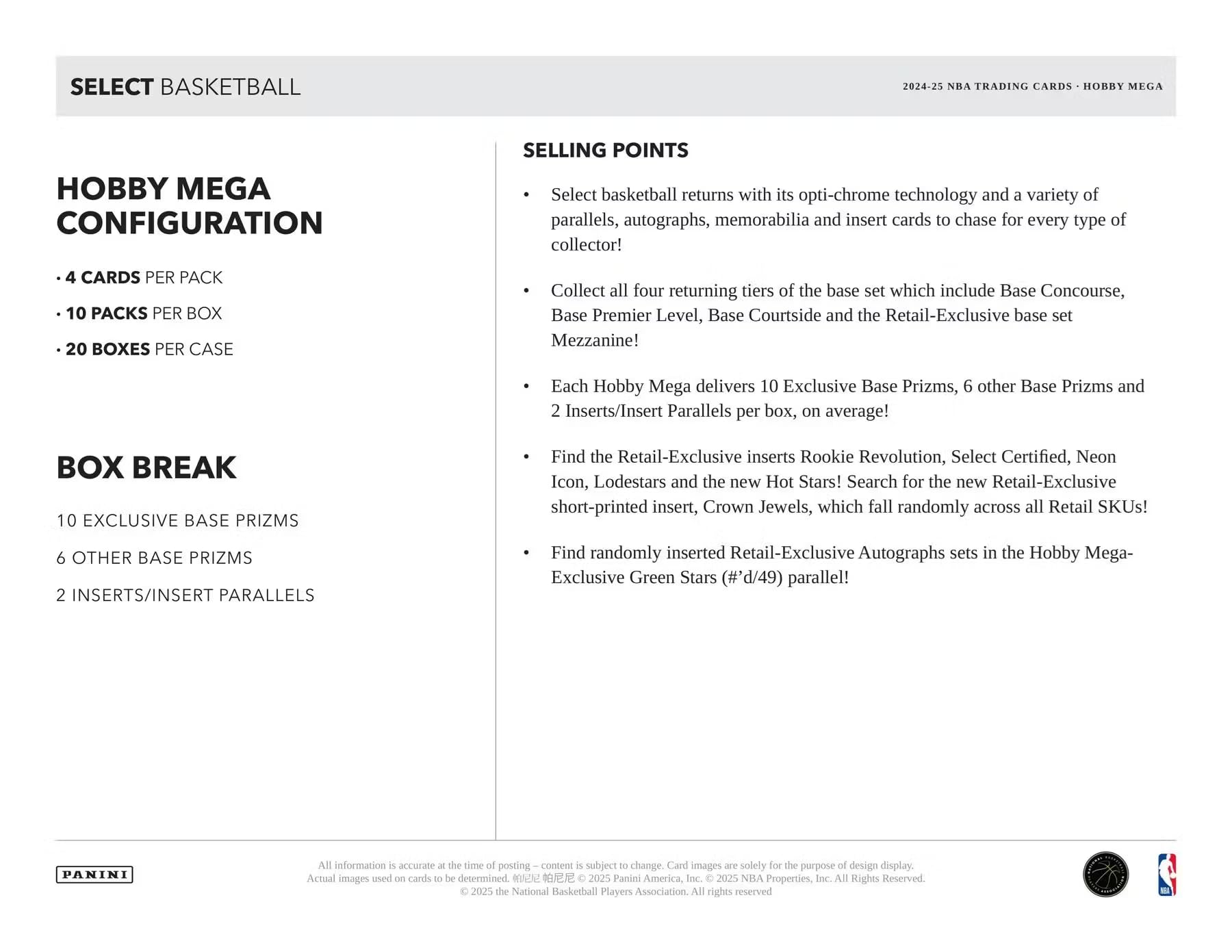 Panini 2024-25 Select Basketball Hobby Mega Trading Card Box (Green & Blue Stars Prizm)