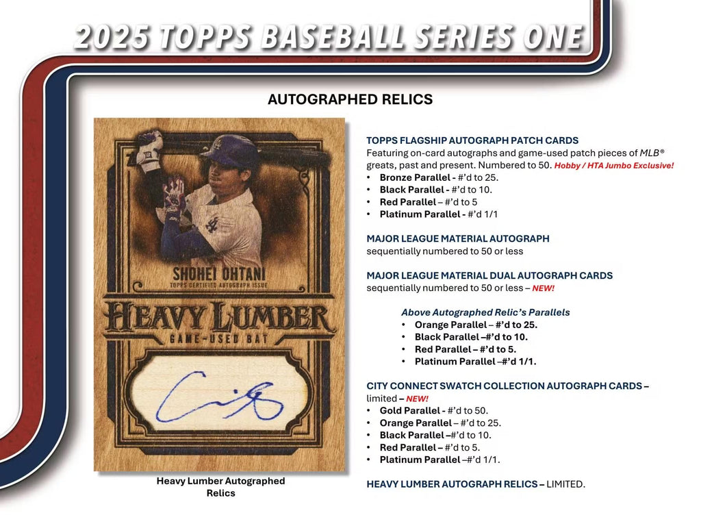 2025 Topps Series 1 Baseball Trading Card MLB Hobby Jumbo 10 Pack Box (1 Autograph & 2 Relics Per Jumbo Box)