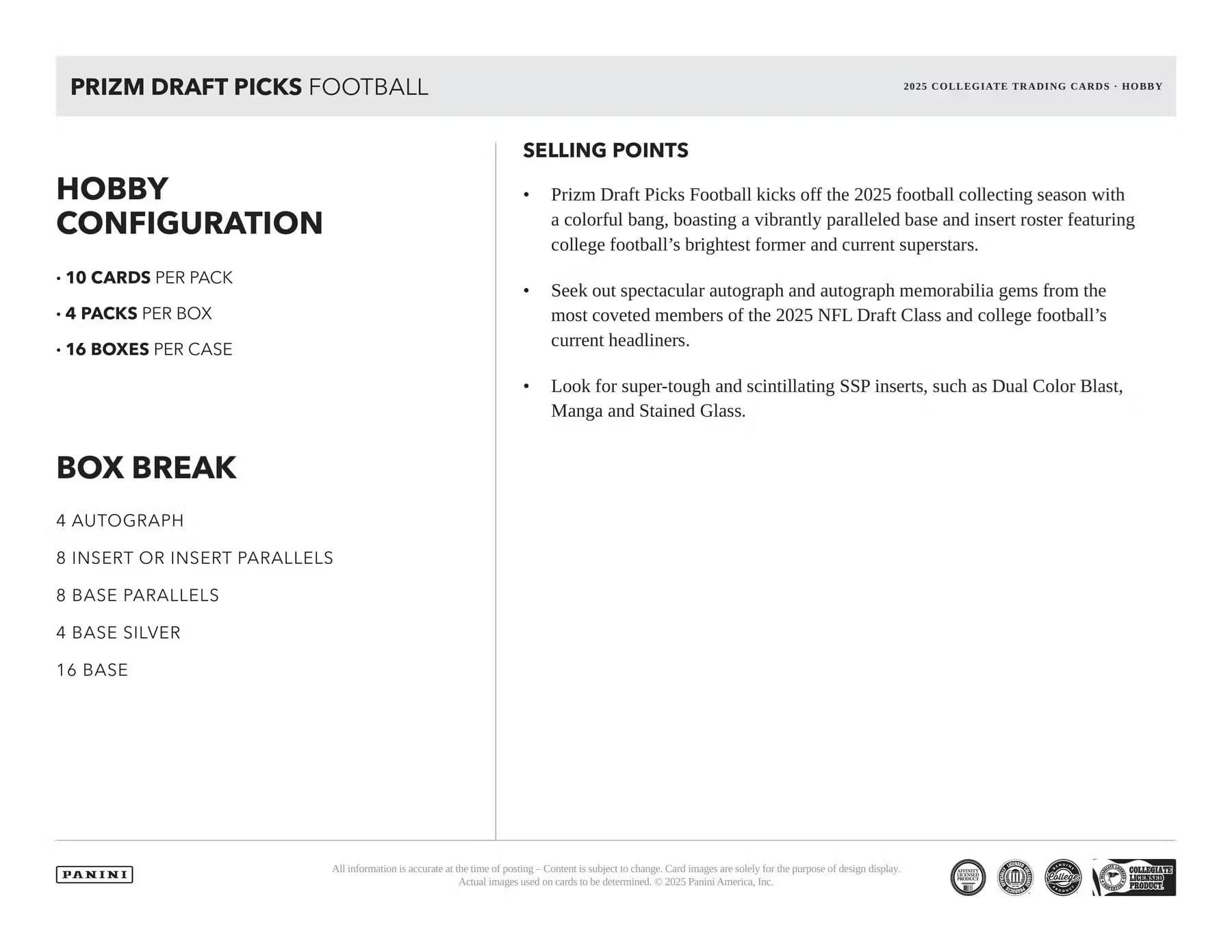 2025 Panini Prizm Draft Picks Football Hobby Trading Card Box (Four Autographs Per Box!)