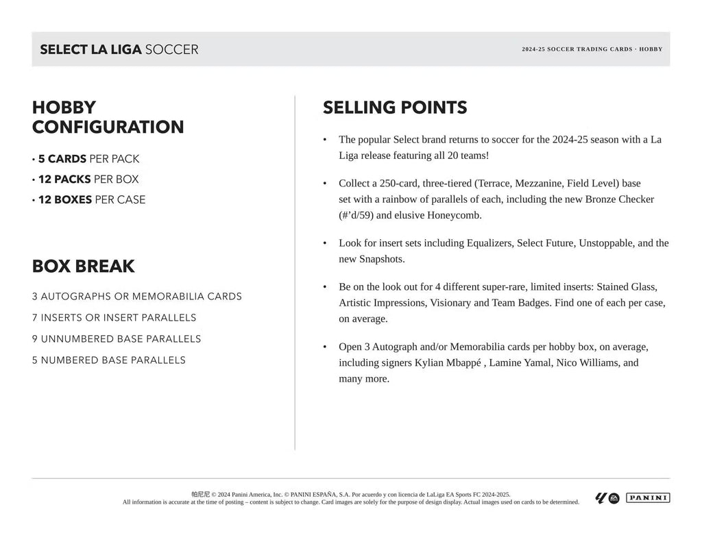 2024/25 Panini Select La Liga Soccer Hobby Trading Card Box (Three Autographs or Memorabilia Cards Per Box)