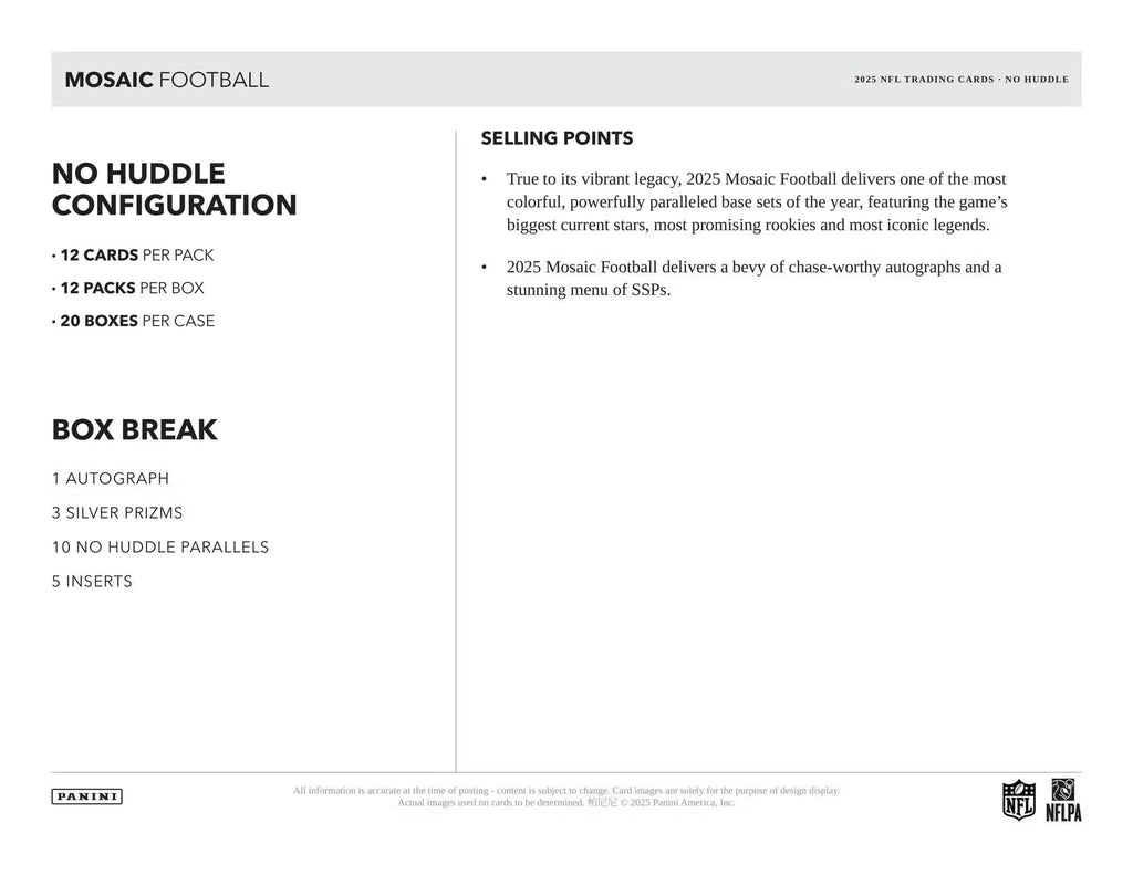 2025 Panini Mosaic Football No Huddle Trading Card Box (1 Autographs Per Box)