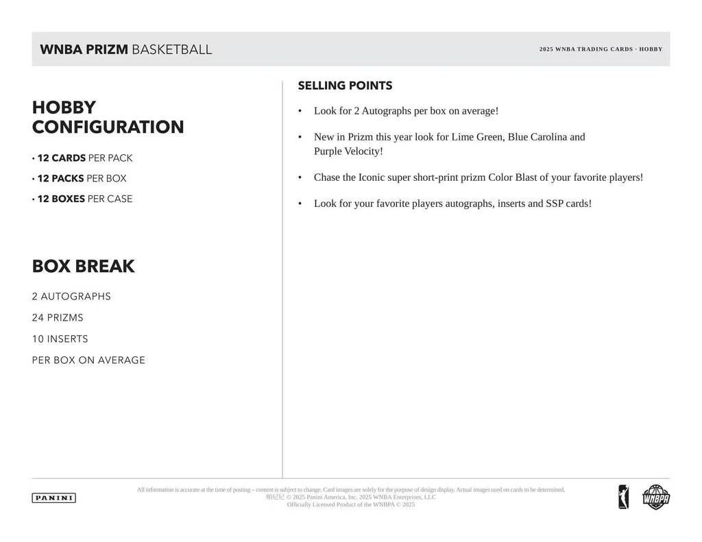 2025 Panini Prizm WNBA Basketball Hobby Trading Card Box (2 Autograph Cards Per Hobby Box)