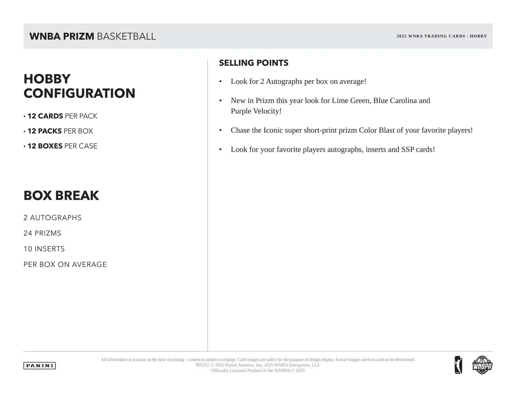 2025 Panini Prizm WNBA Basketball Hobby Trading Card Box (2 Autograph Cards Per Hobby Box)