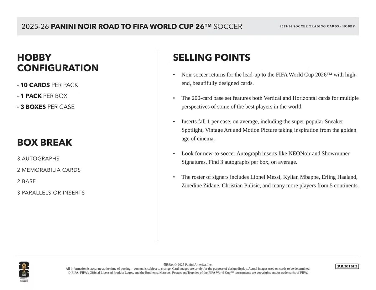 2025/26 Panini Noir Road to FIFA World Cup Soccer Hobby Trading Card Box (3 Autograph Cards Per Box)