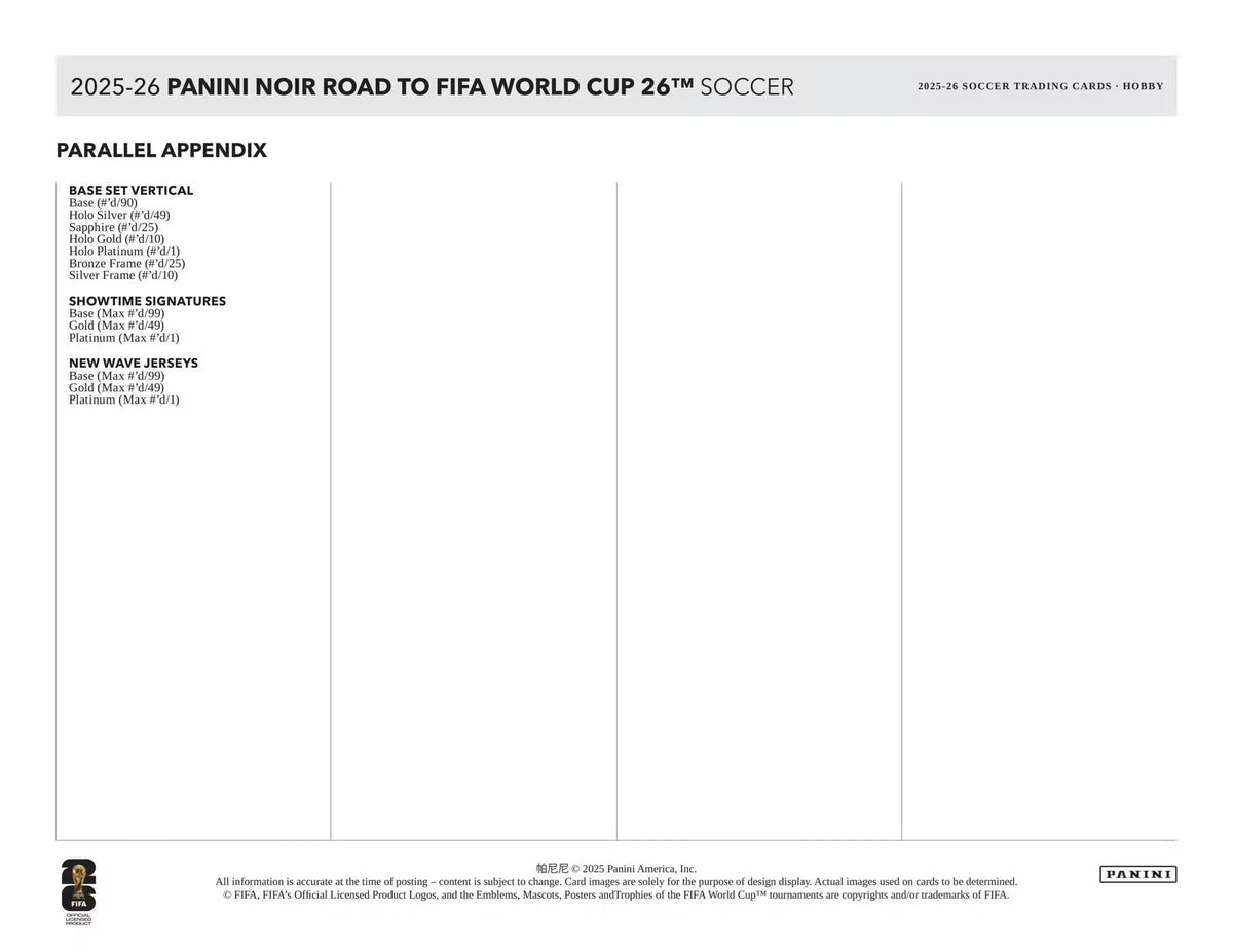 2025/26 Panini Noir Road to FIFA World Cup Soccer Hobby Trading Card Box (3 Autograph Cards Per Box)